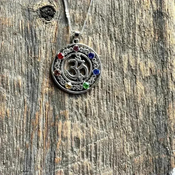 925 sterling silver chain,multi color stone pendant yoga Aum mediation - Picture 7 of 16